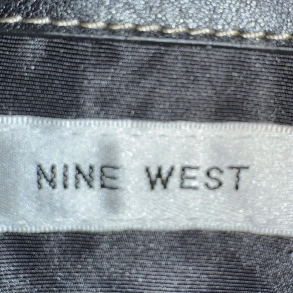 Nine West Womens Black Jacquard Canvas Shoulder Bag Buckle Detail Faux Leather